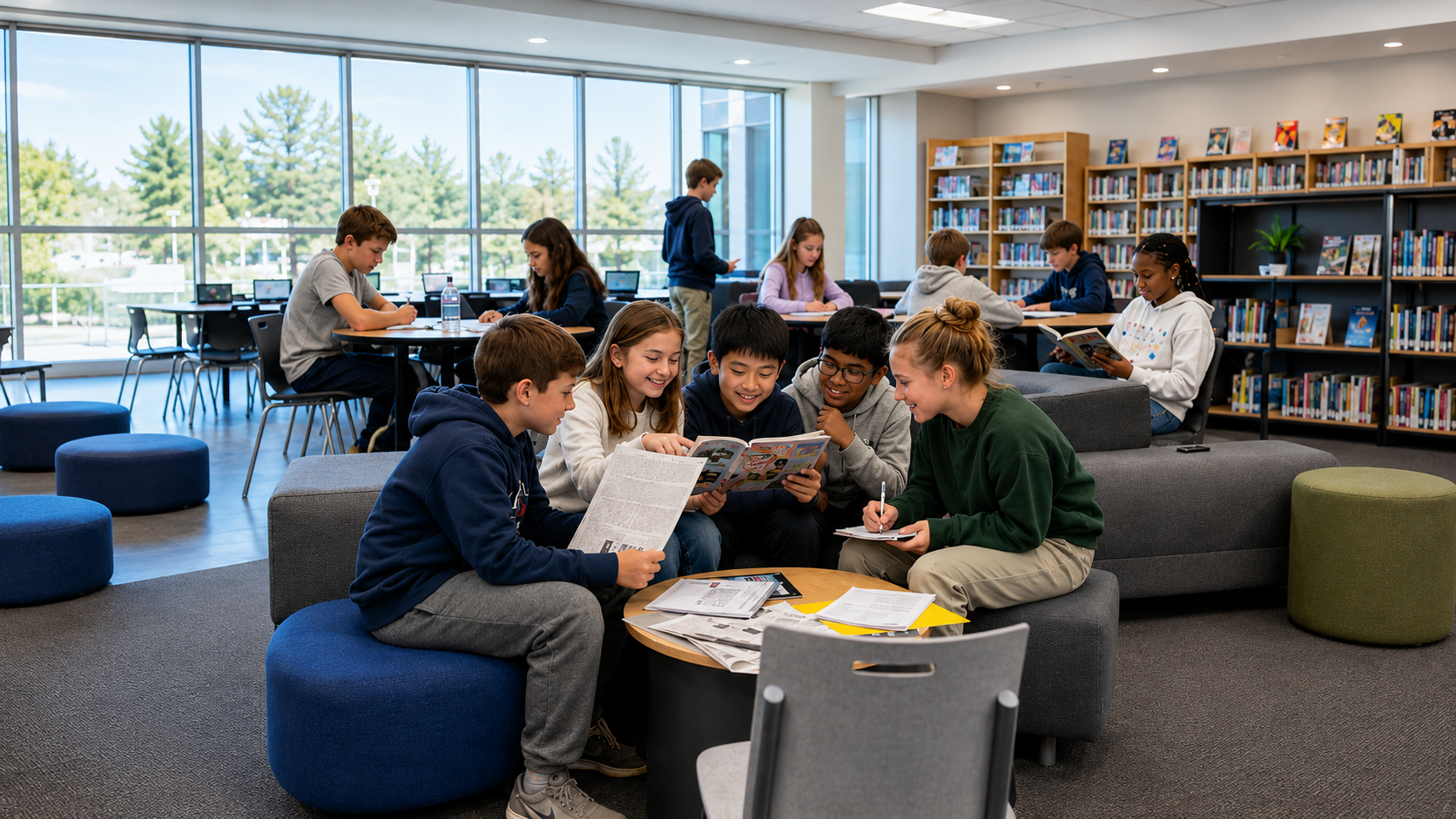 Kids reading the news together in a library